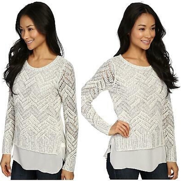 LUCKY BRAND Chevron Metallic Ivory Knit Layered Chiffon Wool Cotton Sweater XS - Picture 4 of 9